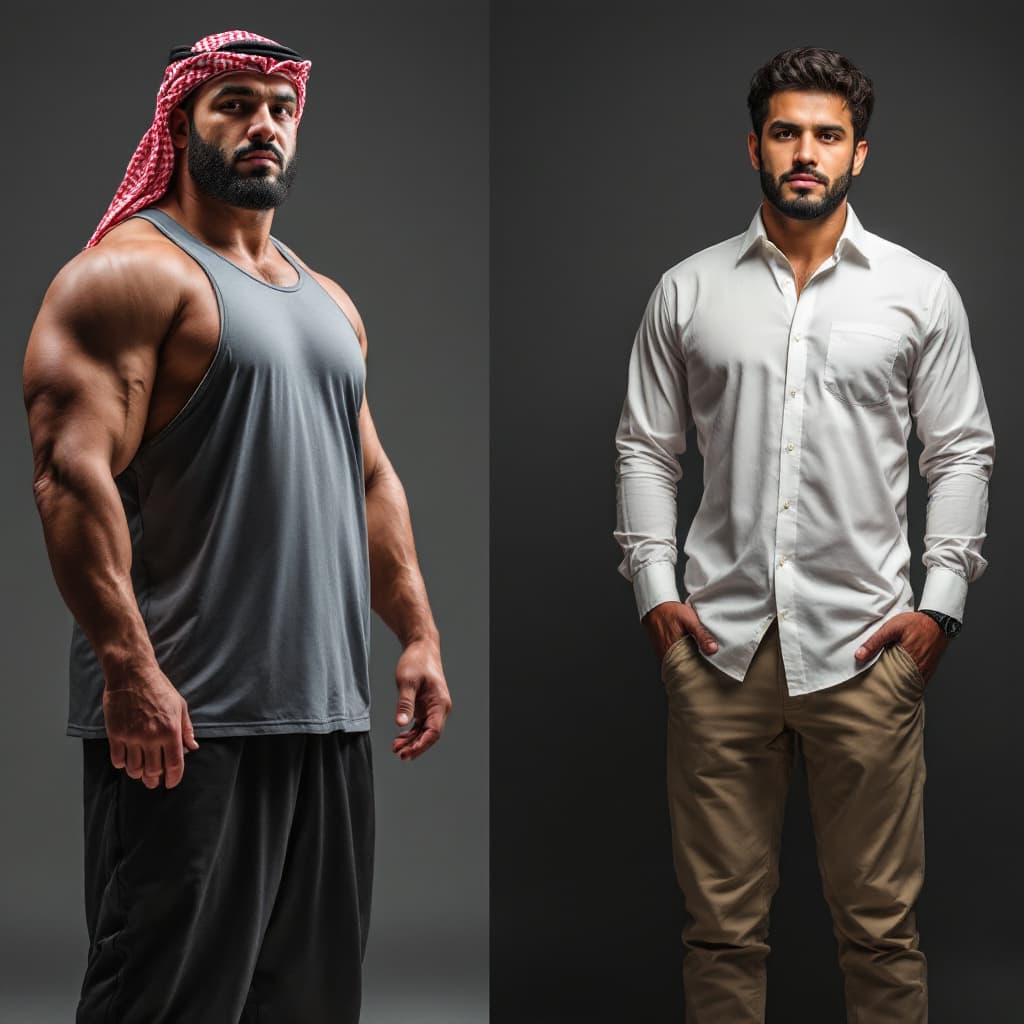 AI generated: want a photo of a 35-year-old Arab man wearing sportswear, weighing 100 kg. Then, I want a photo of ...