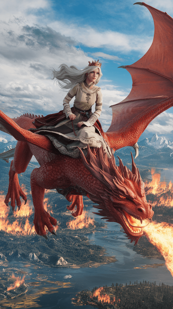 AI generated: Pretty lady wearing a hot slim  ancient queen clothes with white long hair . 
She is riding on the b...
