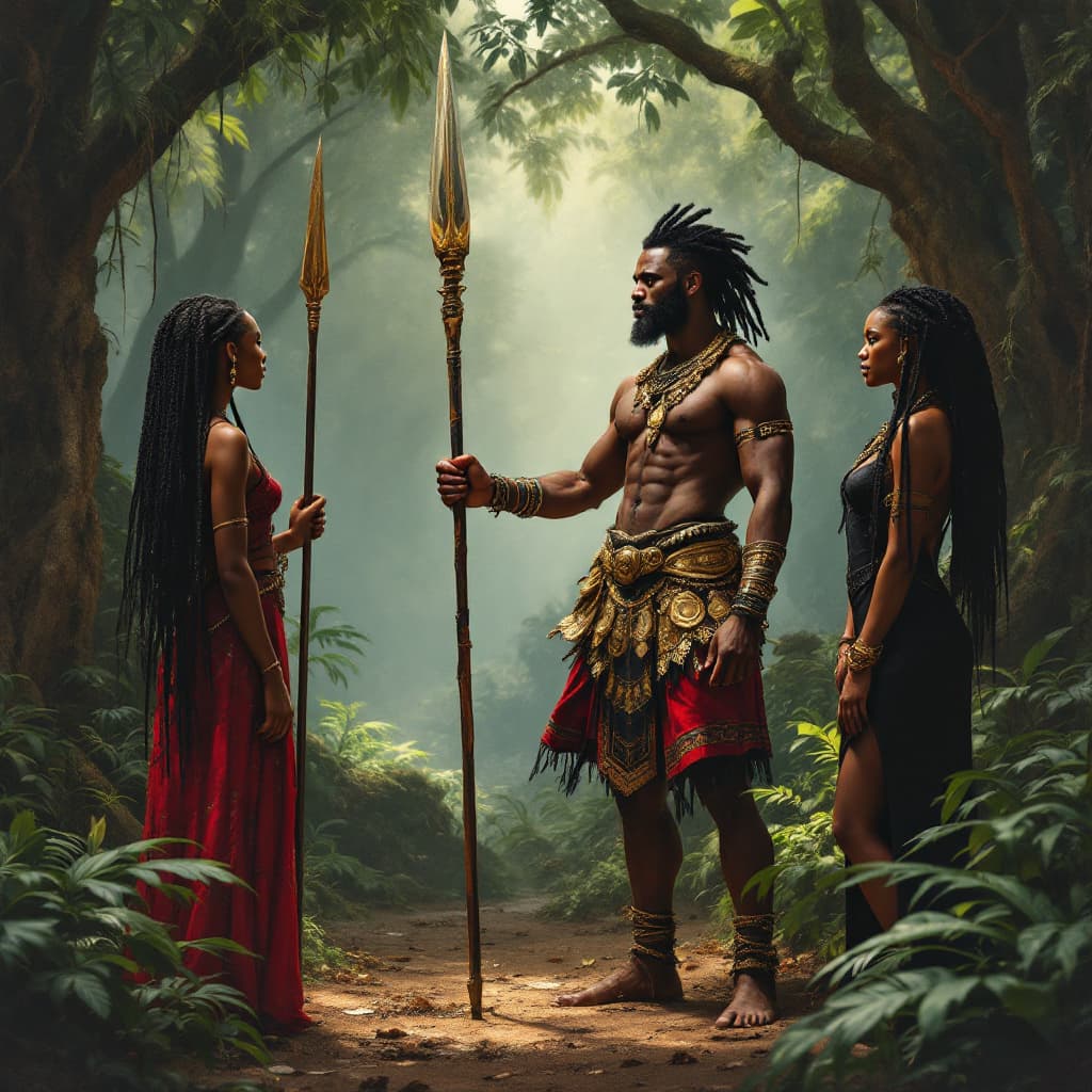 AI generated: 
a black man in a red and black skirt and gold belt holding a spear standing in the middle, a black ...