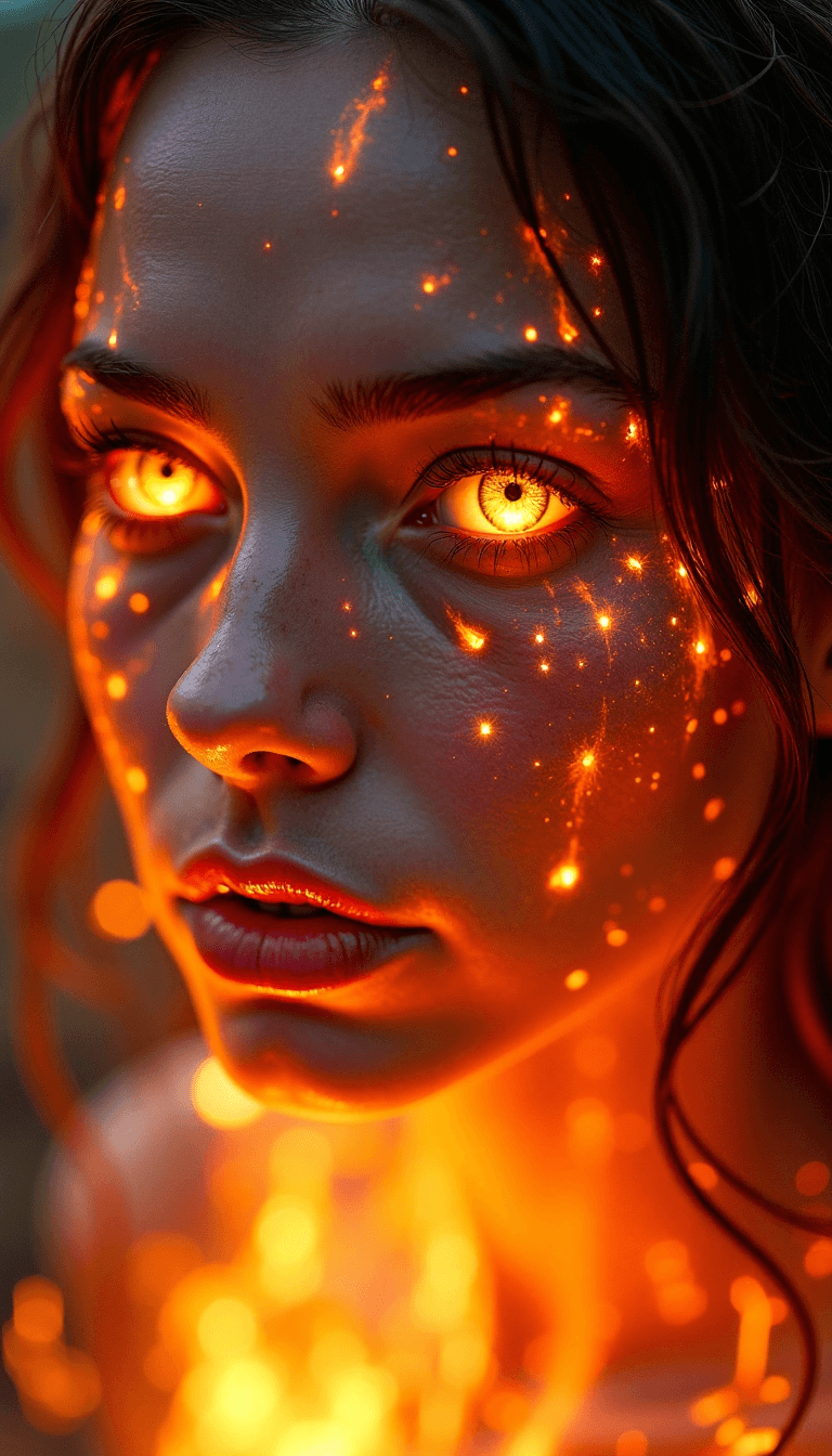 AI generated: a realistic emotional fantasy portrait of a woman born of living flame, her face woven from fireligh...