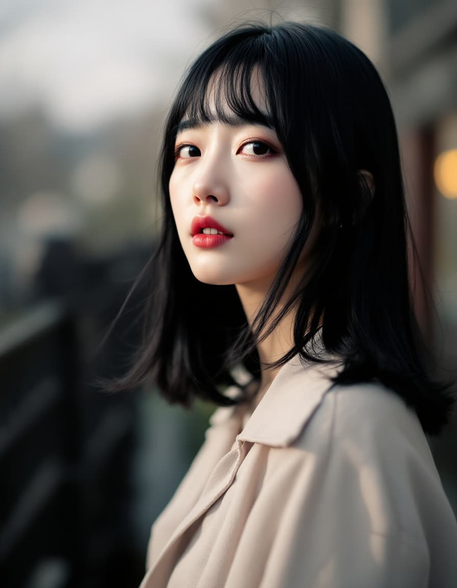 AI generated: cinematic photo cowboy_shot, photograph of, asian korean woman with black hair straight hair, blunt ...