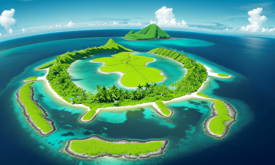 AI generated: bird's eye view of a simple tropical island, green with vegetation. you can see the mainland in the ...