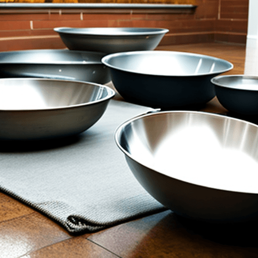 AI generated: steel bowls on the floor. 

