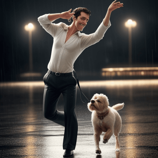 AI generated: a man dancing with his dog enjoyful at rainy time