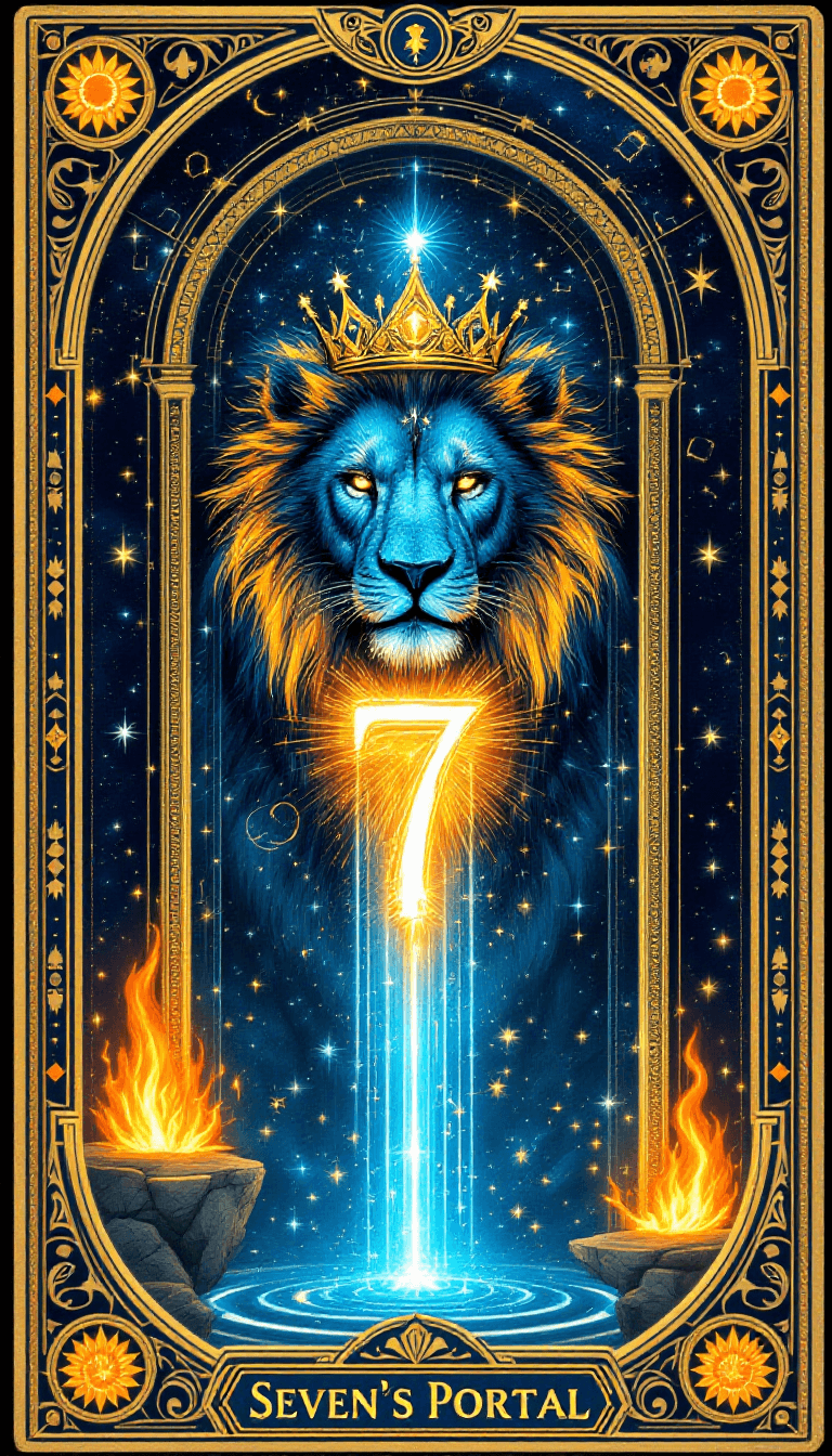 AI generated: /imagine prompt: A tarot card named "Seven's Portal," showcasing a gateway to the cosmos, guarded by...