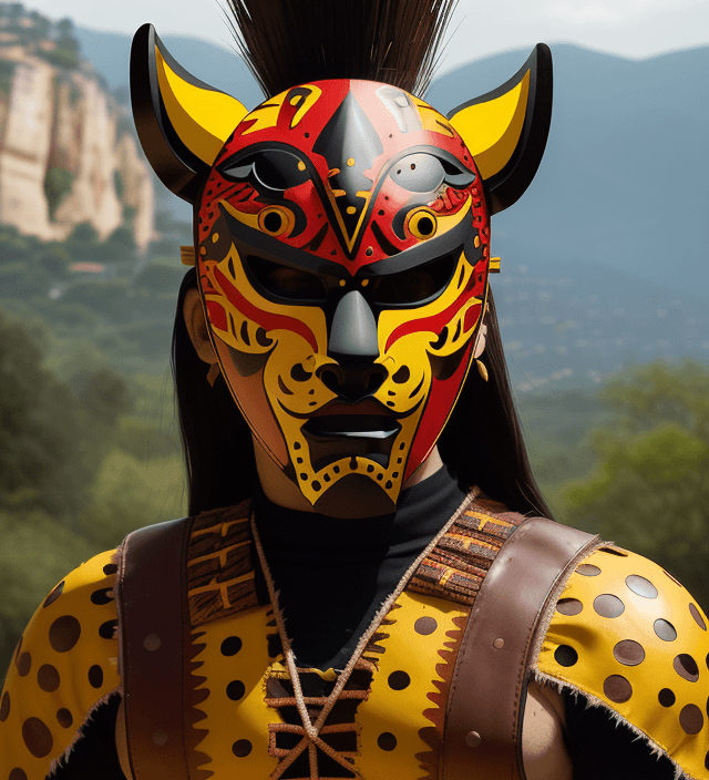 AI generated: jaguar warrior helmet mask with jaguar-style spots, wooden mask, fine wood details, zoque inspiratio...