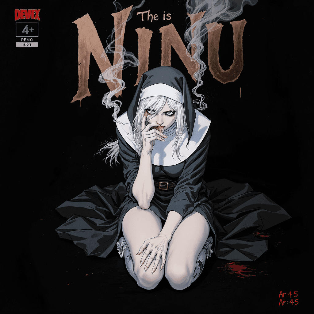 AI generated: Comic book cover illustration, full body shot of a white-haired nun, smoking, knees up, apathetic on...