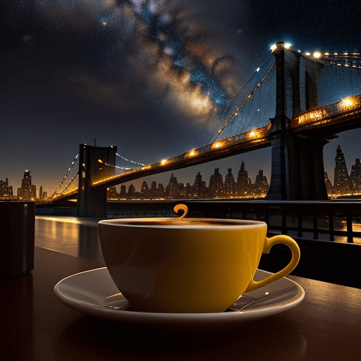 AI generated: a cup of coffee with a cosmos and stars in it, with a mesmerizing sky filled with yellow, blue and r...