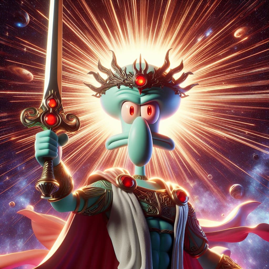 AI generated: Squidward is the mightiest god with a sword, red eyes, heroic pose, divine and celestial light, mast...