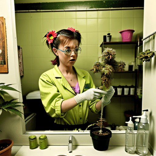 AI generated: a crazy radioactive chemist making marijuana flowers in a small bathroom full of marijuana plants