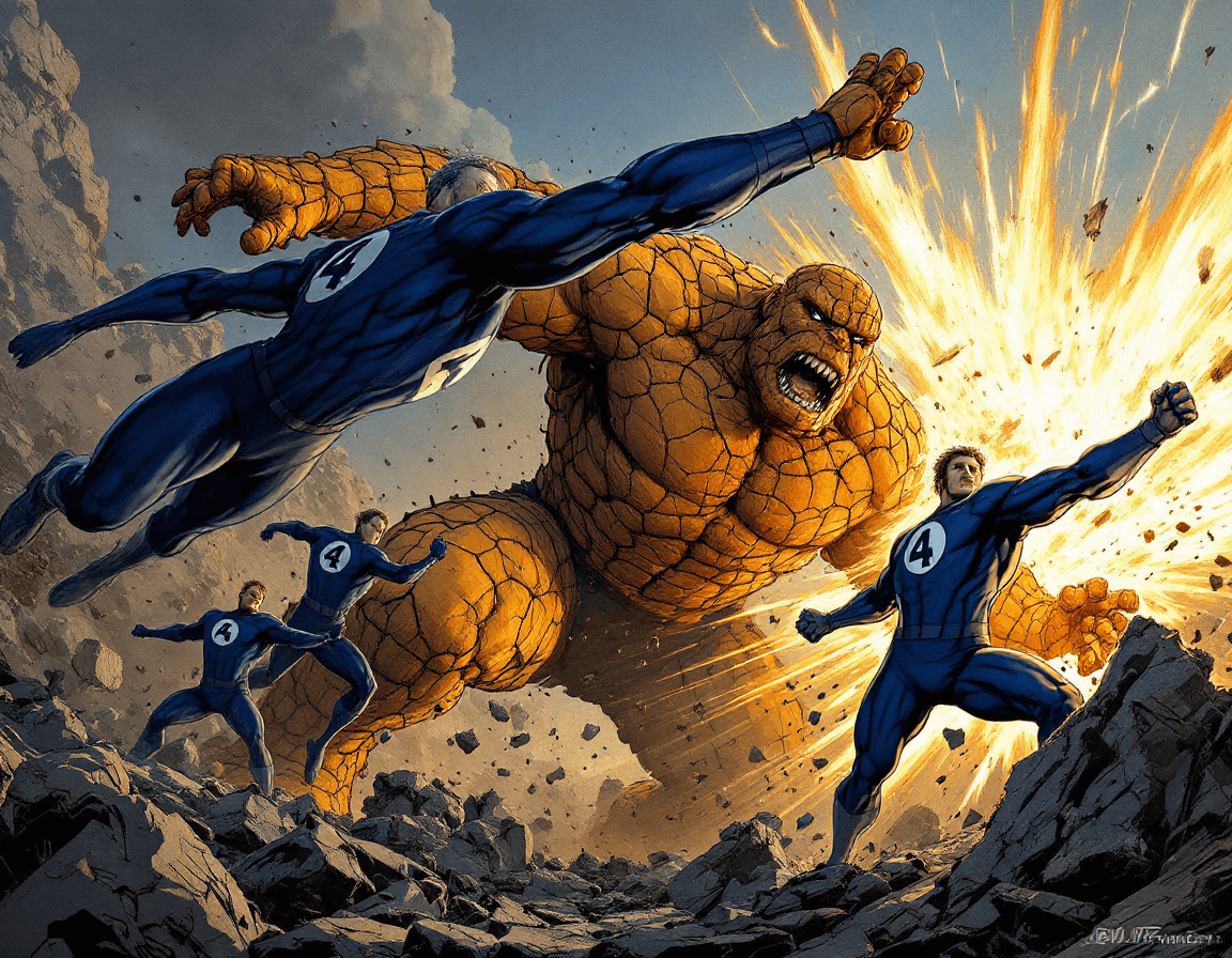 AI generated: A **highly detailed, action-packed scene** featuring the **Fantastic Four** in their **classic blue ...