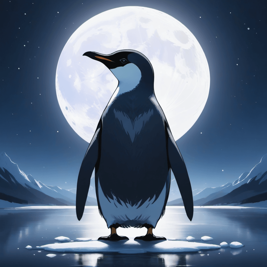 AI generated: a young round penguin, smooth feathers, standing on ice, background is a large full moon, foreground...