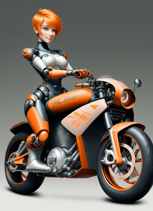 AI generated: 1 cute cyborg lady holding onto futuristic motorcycle with left Hand , left hand on bike throttle ri...