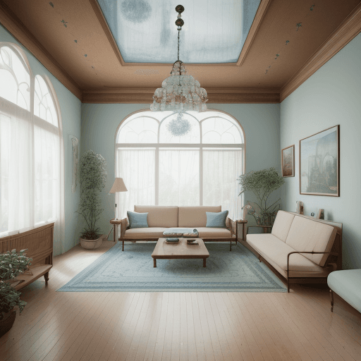 AI generated: High resolution photography interior design, dreamy sunken living room conversation pit, wooden floo...