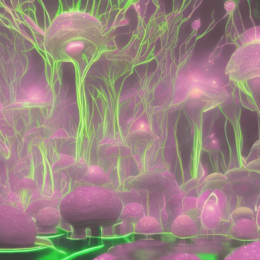 AI generated: neon glowing bioluminescent soft skinned mushroom with luminous forest backdrop, incredible detail, ...