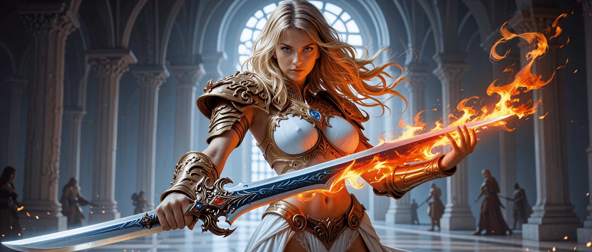 AI generated: perspective, full body shot of fantastic 1girl warrior holding sword, attacking pose, detail hands, ...