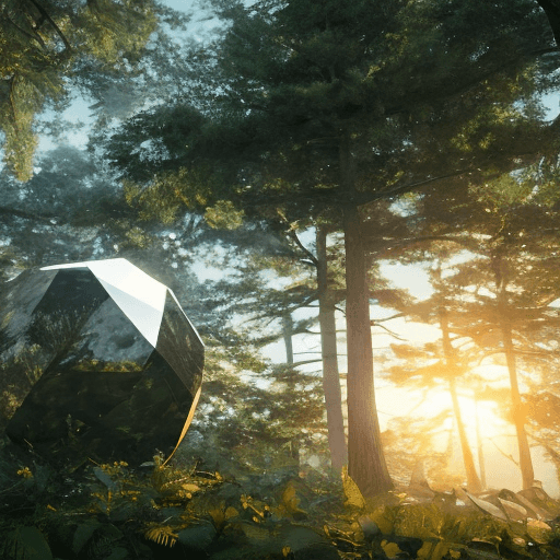 AI generated: a large cut transparent diamond lies on a stone pedestal surrounded by a forest against the backgrou...
