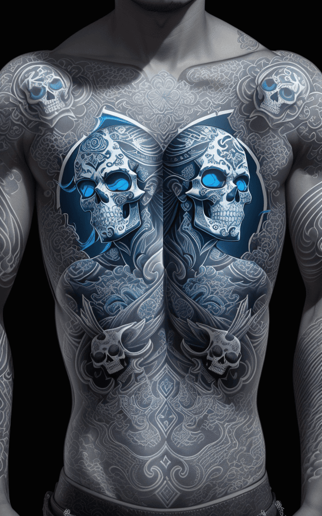 AI generated: two sets of asian tattoo design designs on a blue background, in the style of black and white realis...