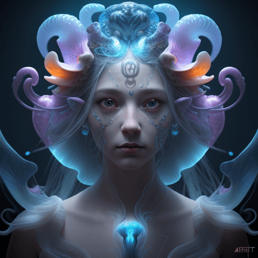 AI generated: Goddess close-up portrait ribcagel. jellyfish phoenix head, nautilus, orchid, skull, betta fish, bio...