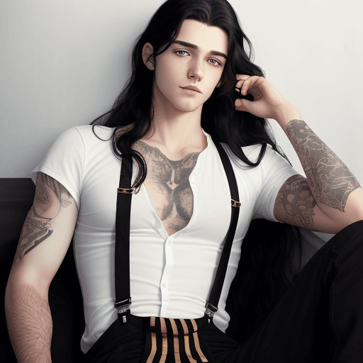AI generated: Ultra-realistic photograph of a young man reclining with a serene expression. He has radiant golden ...