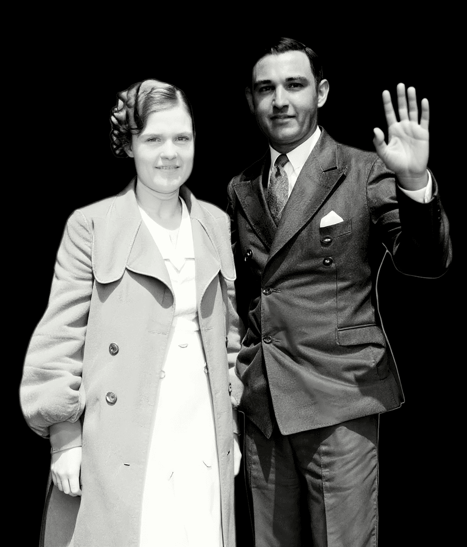 AI generated: The animated male  wave with his left hand and animated woman at his left , leaning forward, eyes fo...