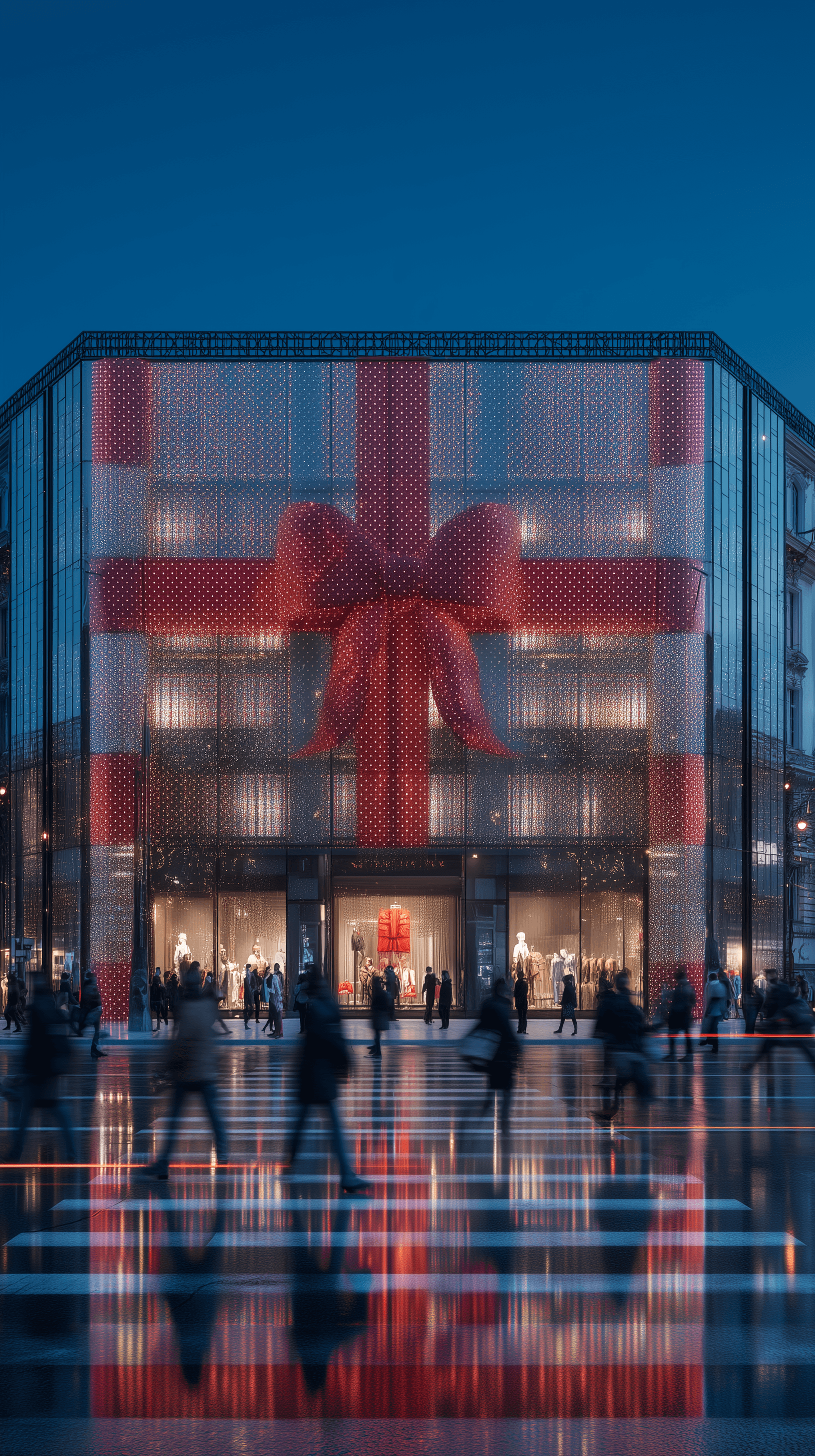 AI generated: photography, department store facade, large show window display, front view, central composition, re...