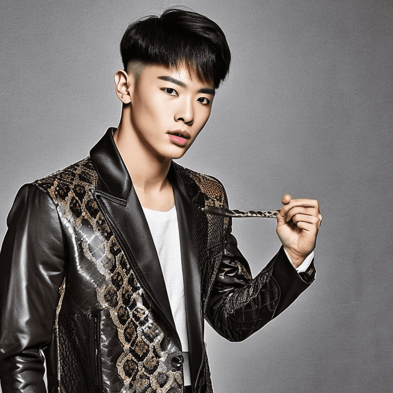 AI generated: Beautiful Korean man with snake, kpop idol, (buzzcut hair), (olive skin), symmetrical eyes, (tight a...