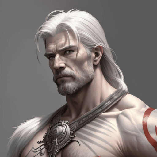 AI generated: painted portrait of torn joung, god of war, nordic god, white hair, masculine, mature, handsome, upp...