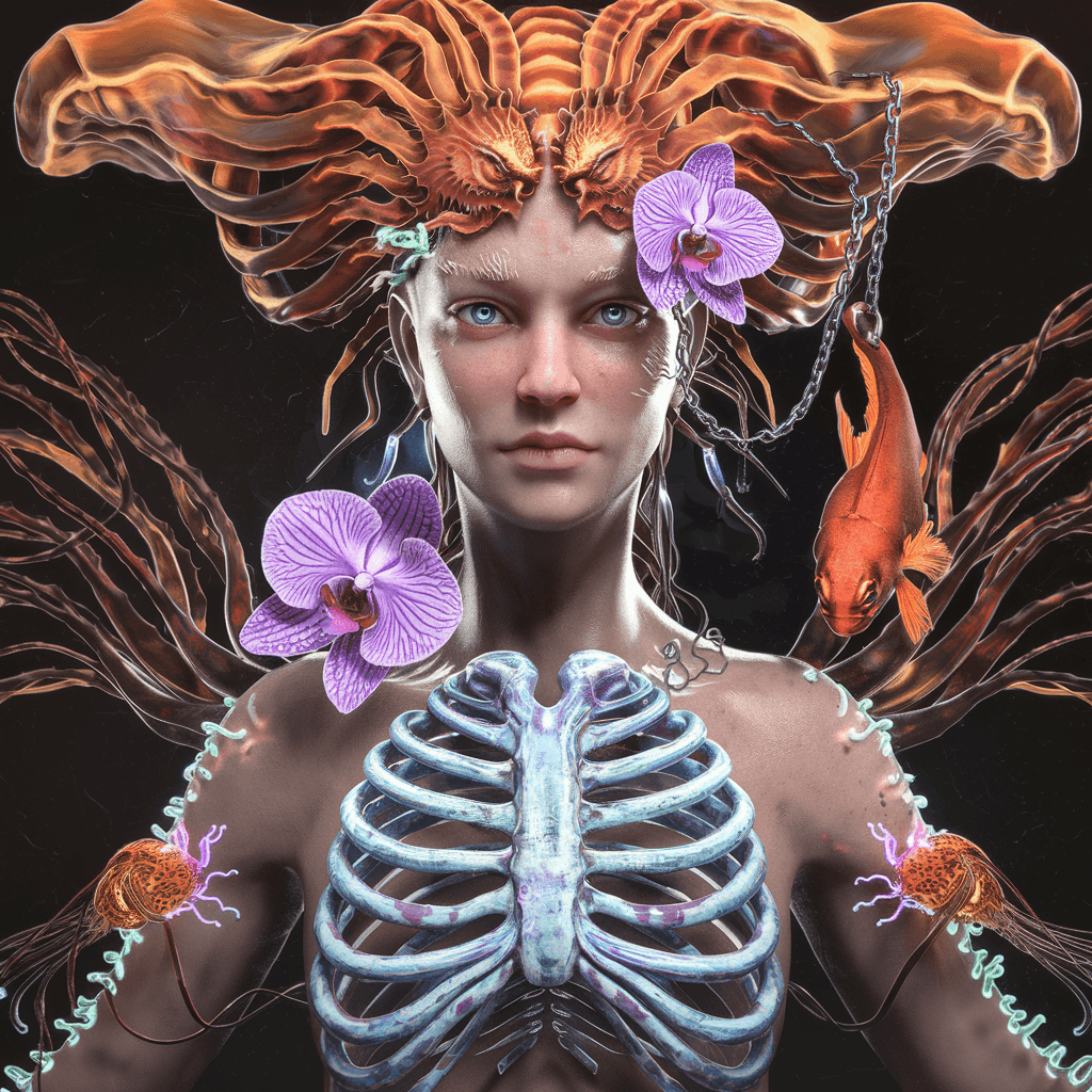 AI generated: Goddess close-up portrait ribcagel. jellyfish phoenix head, nautilus, orchid, skull, betta fish, bio...
