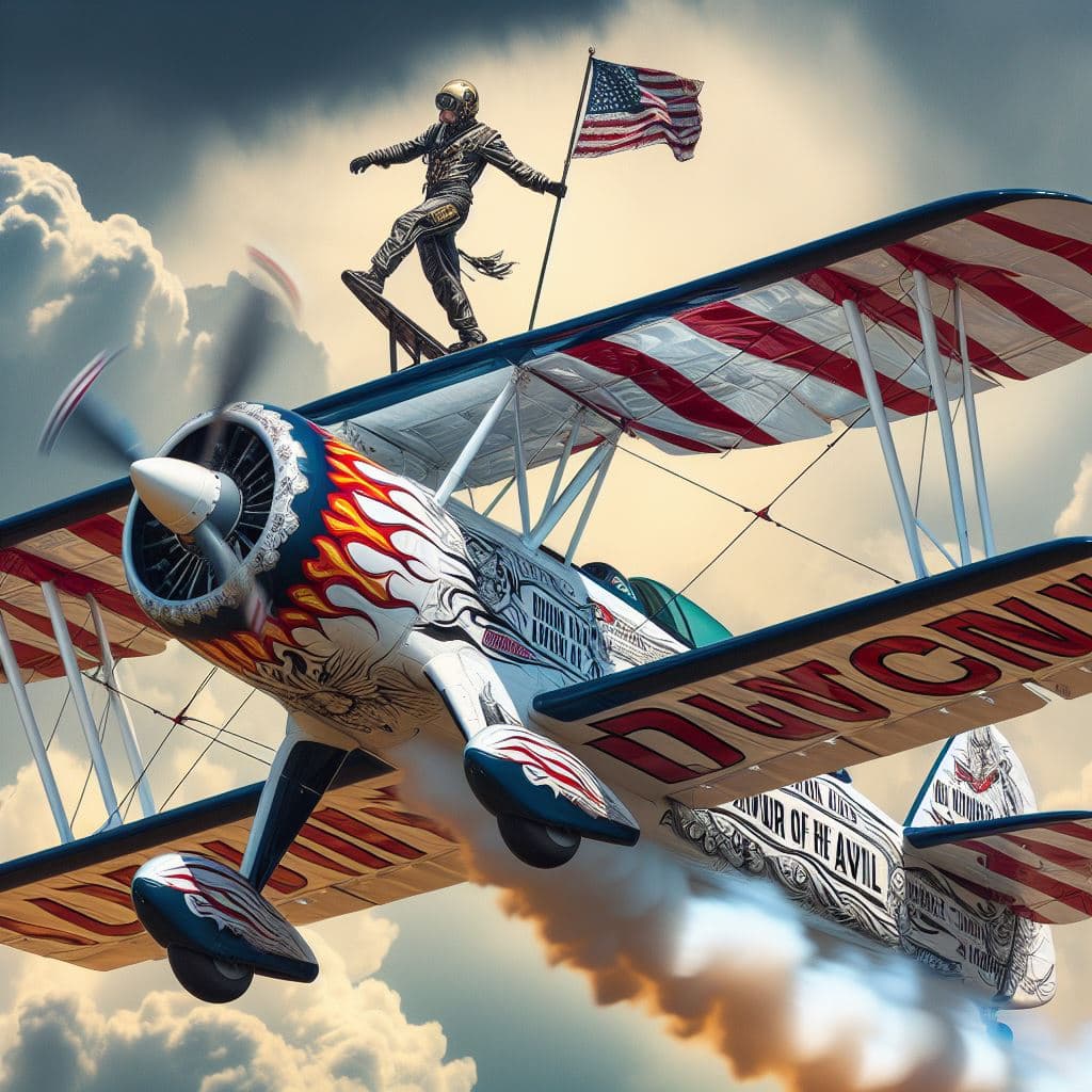AI generated: Air show racer biplane in low flight, barn stormer, "Demon Duncan Dare Devil of the Air", action pho...