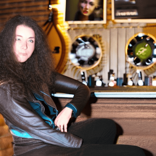 AI generated: Photo of tall, slender woman at a dive bar. Long, curly dark brown hair, strong features, dark eyes....