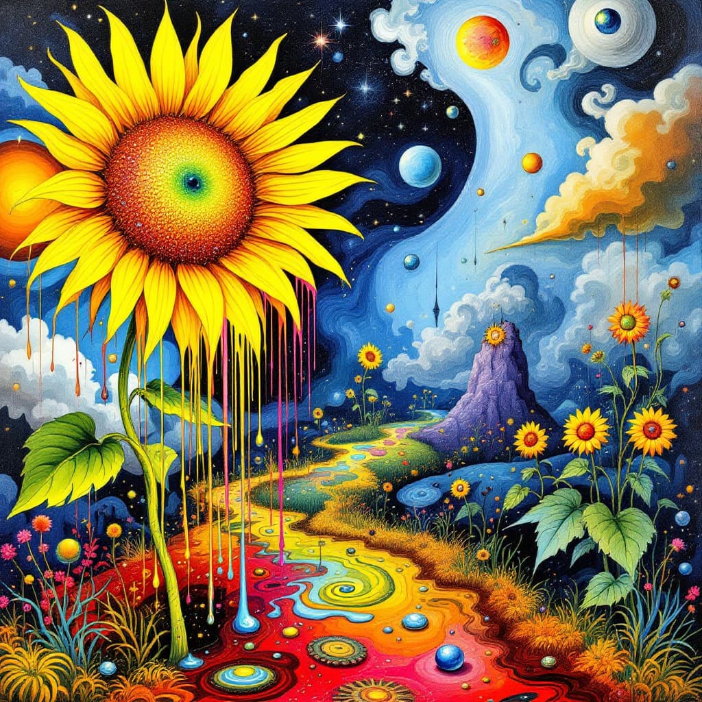 AI generated: a psychedelic surrealist painting of a sunflower, surreal, dripping, melting, Salvador Dali, Pablo P...