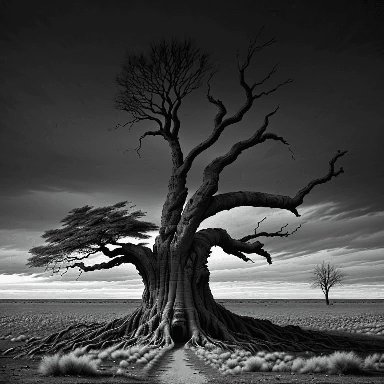 AI generated: An ancient tree in a desolate and sad landscape. The scene is completely in black and white, increas...