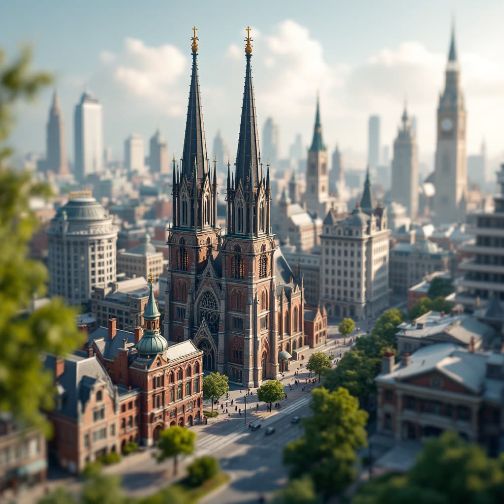 AI generated: mixpnk style, old and new buildings, old churches, dense city, buildings, tilt shift, maquette, phot...