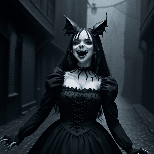 AI generated: (woman) , (gothic dress) , (dark alley) , (night) , (raining) , horror, (fangs, sharp teeth) , (insp...
