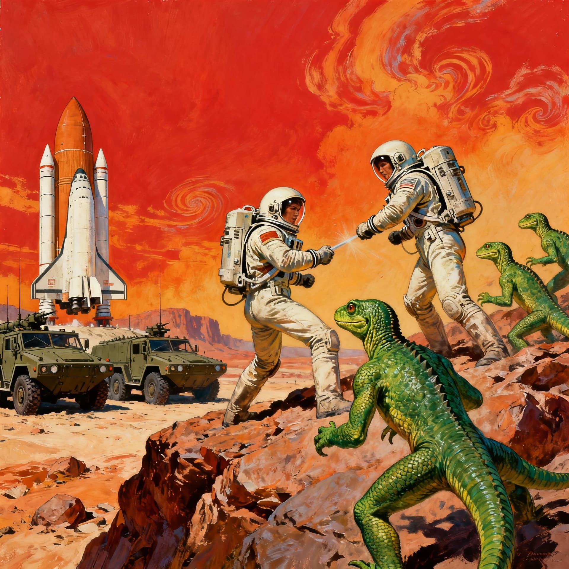 AI generated: A vintage pulp cover of an alien planet with two astronauts in space suits fighting green lizard peo...