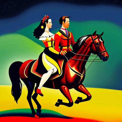 AI generated: Couple riding on a horse in a style of Wassily Kandinsky, realistic like in old Russian fairy tails,...