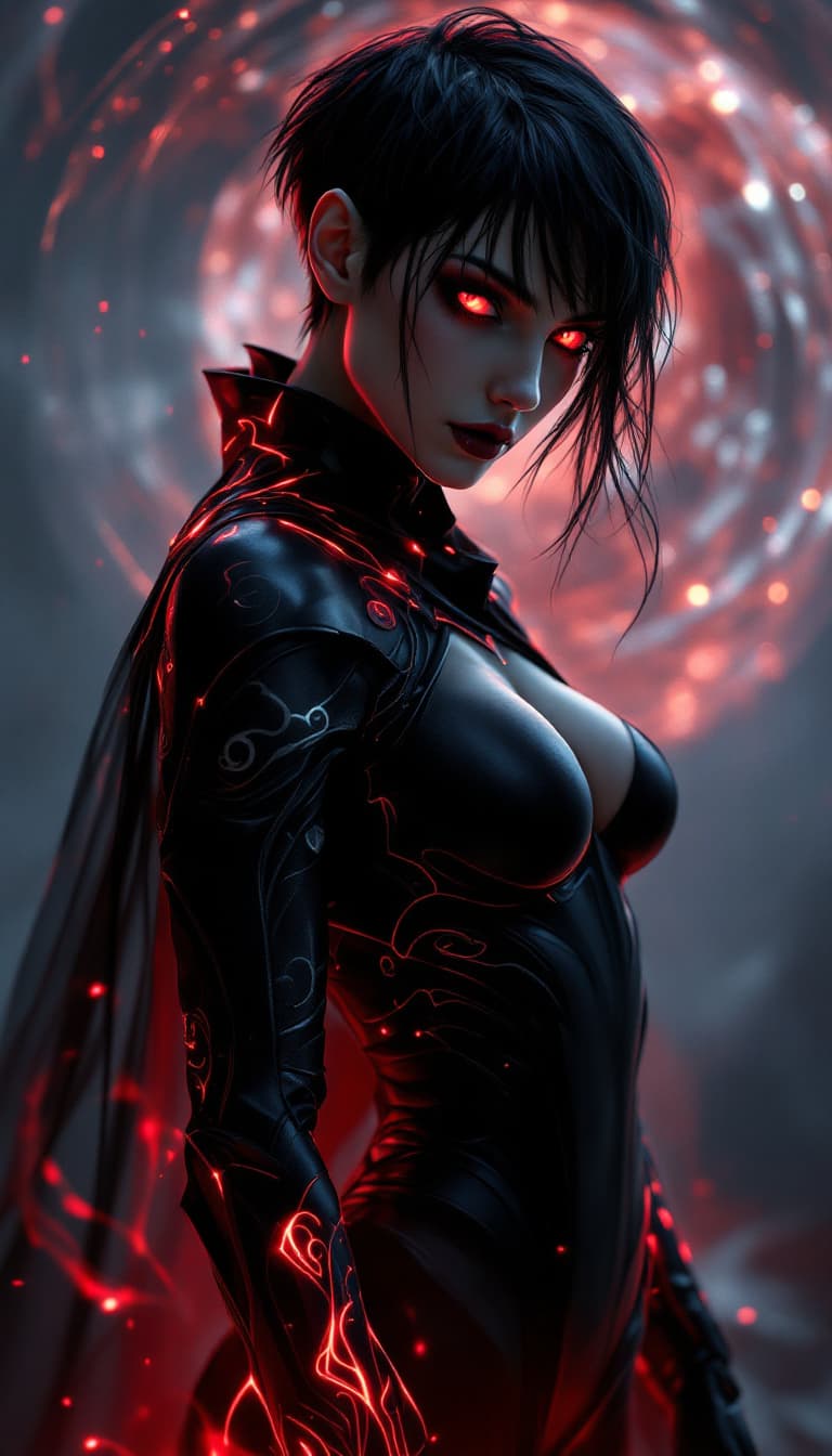 AI generated: An ultra-realistic, full-body portrait of a mesmerizing ruby shadow weaver woman, exuding stealth an...