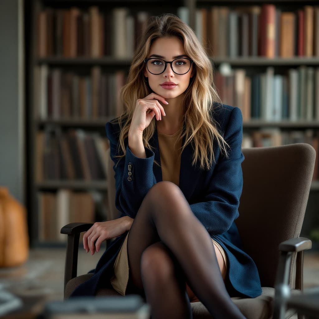 AI generated: female,   full body shot of a beautiful Caucasian professor, in a blue jacket and khaki miniskirt, b...