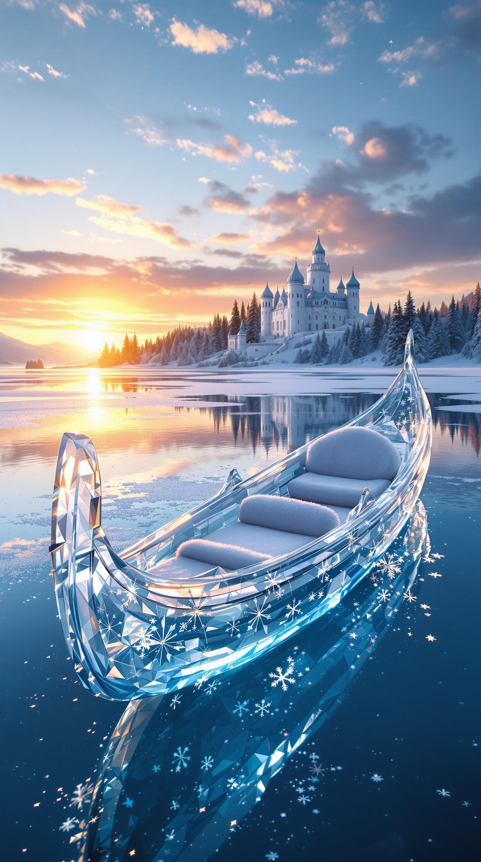 AI generated: A delicate, fairytale-inspired ice gondola floating on a mirror-like frozen lake. The boat is sculpt...