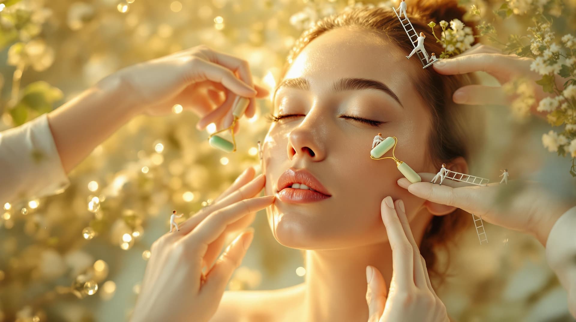 AI generated: A surreal beauty concept where tiny people act as skincare experts on a model’s naturally radiant fa...