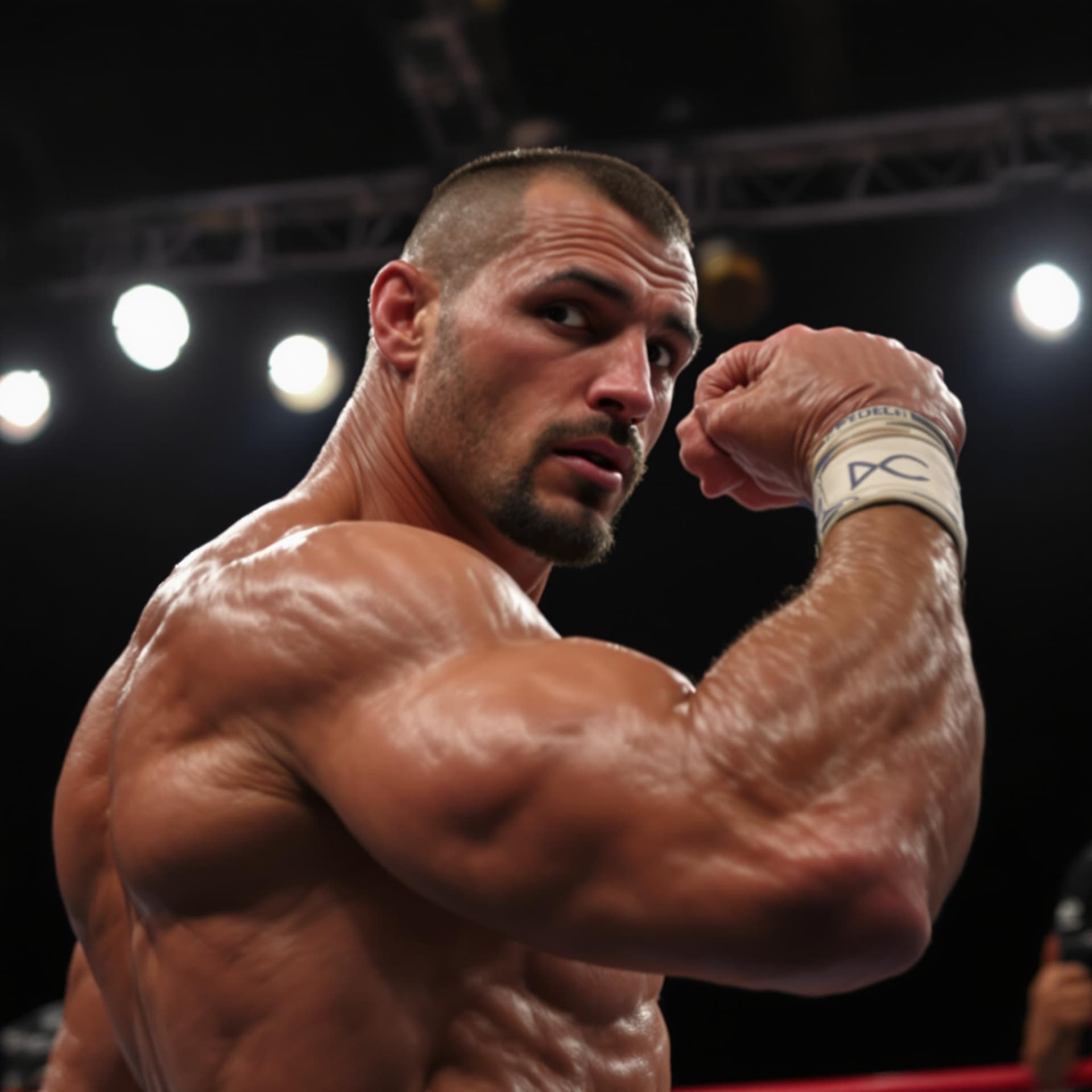 AI generated: In the photo, the muscular boxer looks at the camera and flexes his chiseled biceps in the ring, swe...