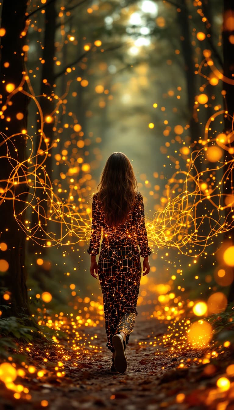 AI generated: A hyperrealistic woman walks toward us, facing the camera, along a very realistic forest trail. Make...