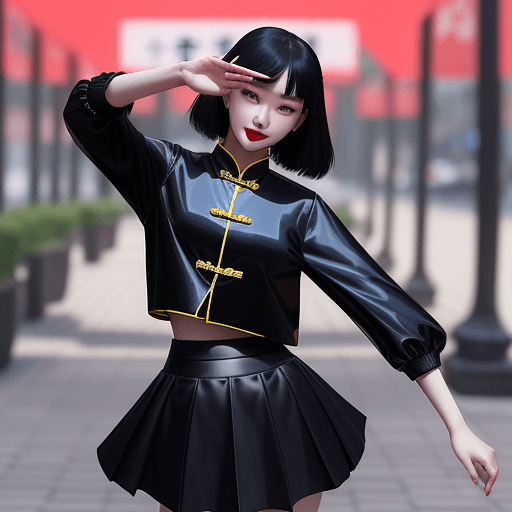 AI generated: Chinese model poses for a selfie,black skirt, in the style of social media influencers, webcam photo...