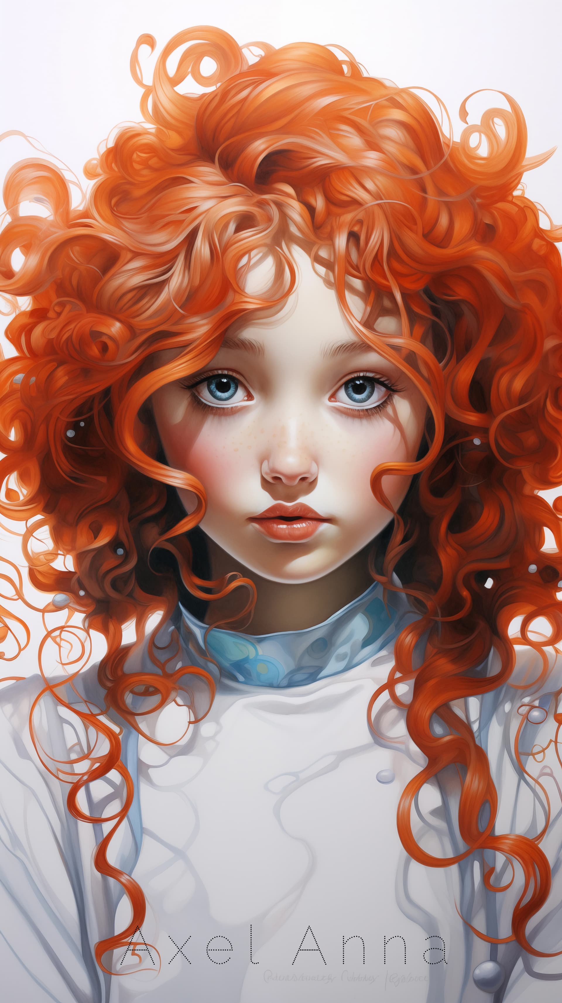 AI generated: a painted girl with curly hair and blue eyes, in the style of realistic and hyper-detailed rendering...