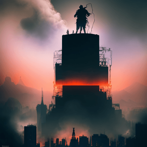 AI generated: a silhouette of a titan, has a tower strapped around his head, full body shot, double exposure titan...
