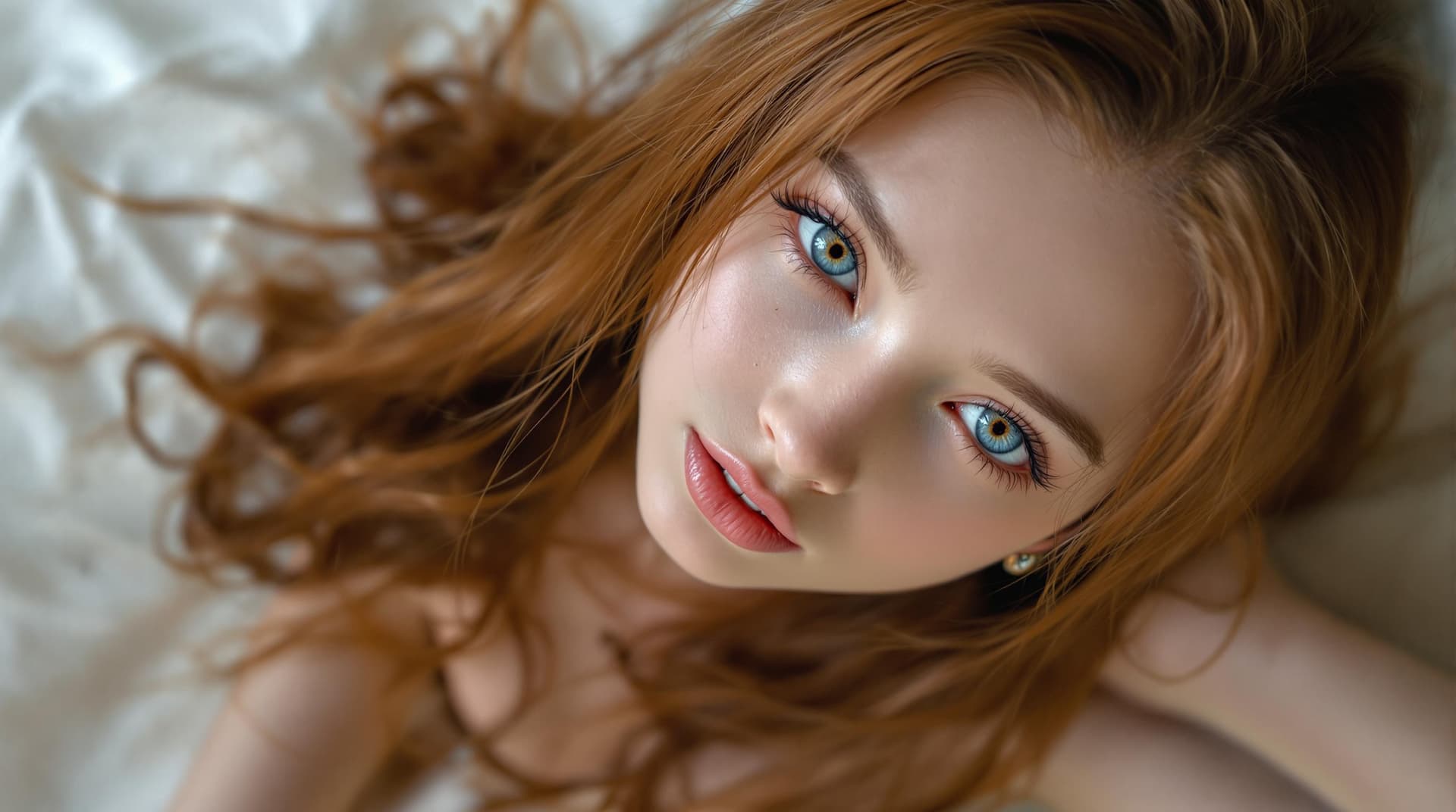 AI generated: Shot from above, 20 years old girl, [slim girl, slender girl], with big expressive eyes, [blue pierc...