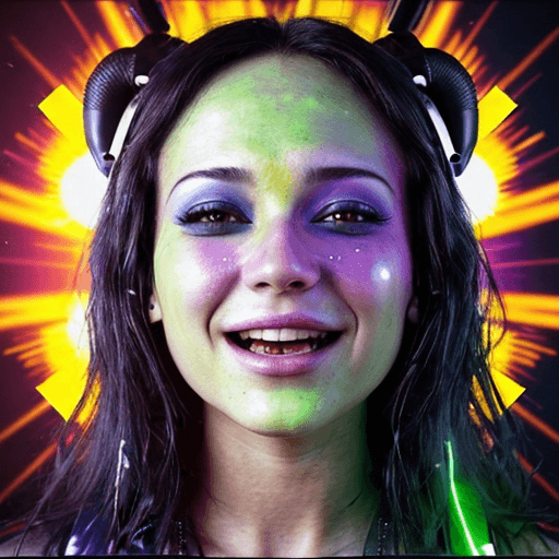AI generated: melodic techno rave music inspired, , expressive face, sun flares on her happy party face, V2
