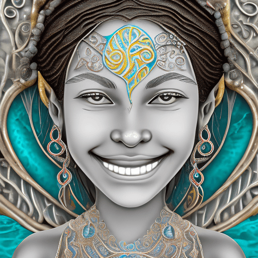AI generated: a girl smiling, in the style of reefwave, metalwork jewelry, goa-insprired motifs, eco-friendly craf...