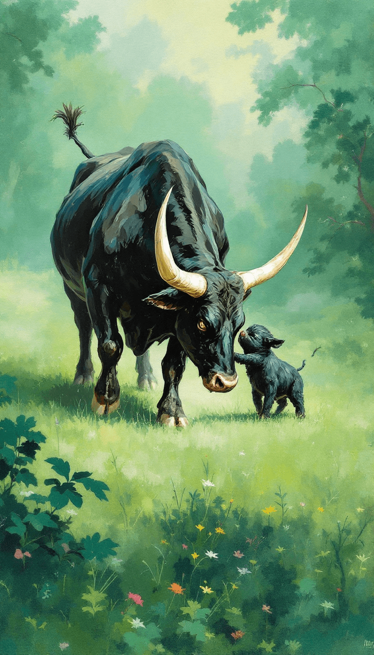 AI generated: a green landscape, black fighting bull painting pastel colors, 16k, -ar 9:16 - - style 750 - -v 6.0 ...